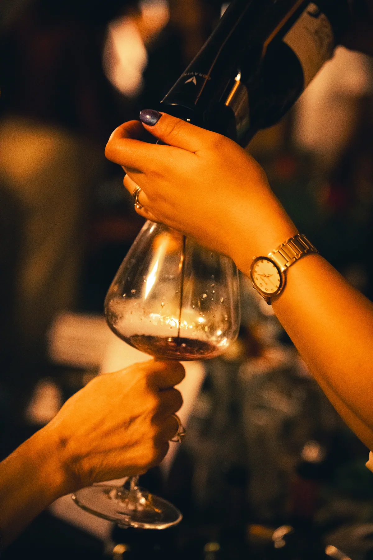 Manos sostienen una copa de vino durante una degustación.