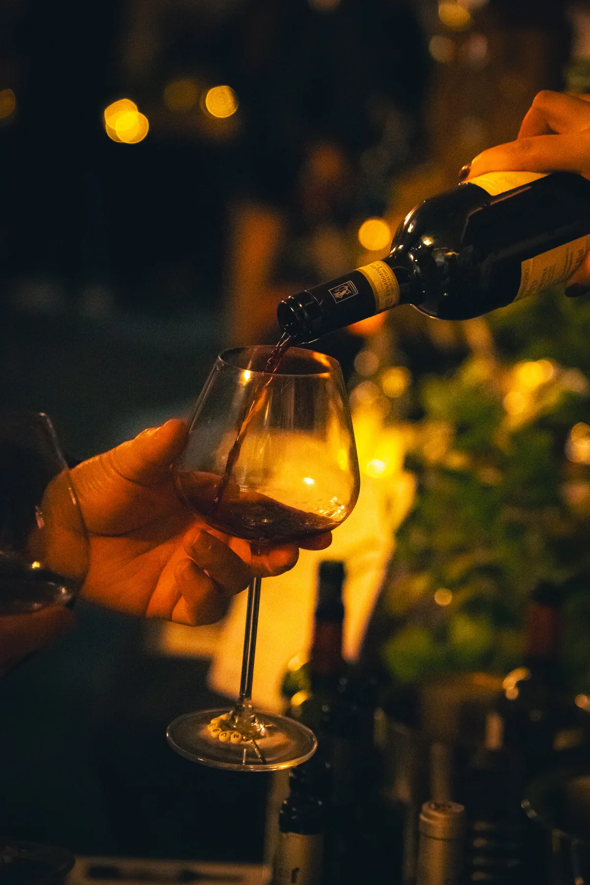 Vino servido en una copa junto a una botella.