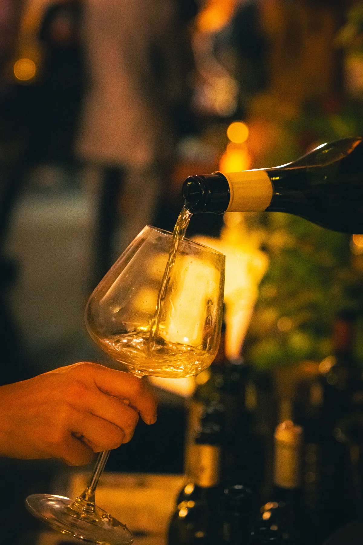 Una mano vierte vino en una copa durante una degustación.