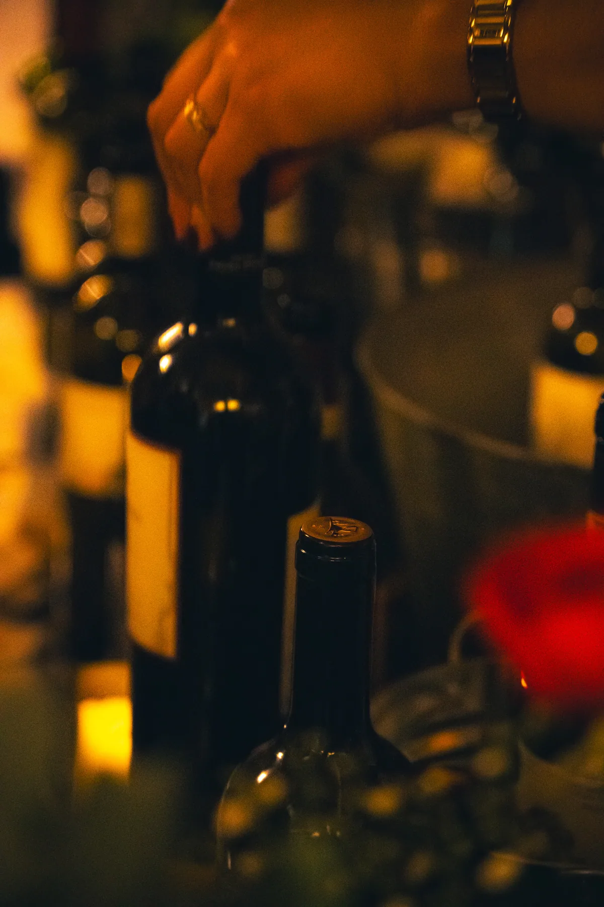 Selección de botellas de vino en una mesa iluminada.