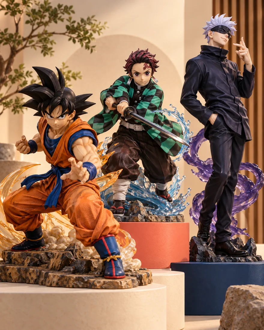 Escaparate conceptual con figuras de anime de varias series