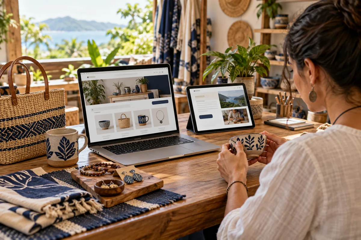 Comerciante compara una tienda en línea en una computadora portátil y una página de servicios en una tableta.