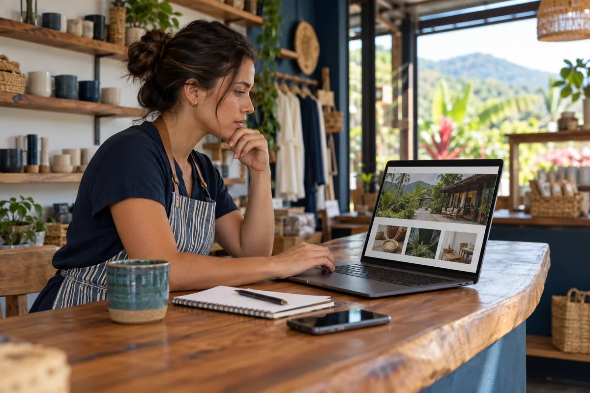 Dueña de un negocio en Costa Rica revisa la página de su tienda en una computadora portátil.