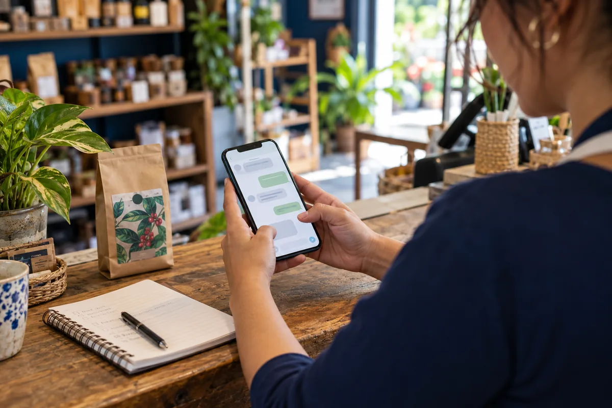 Comerciante revisa una consulta desde su teléfono en el mostrador de su tienda.