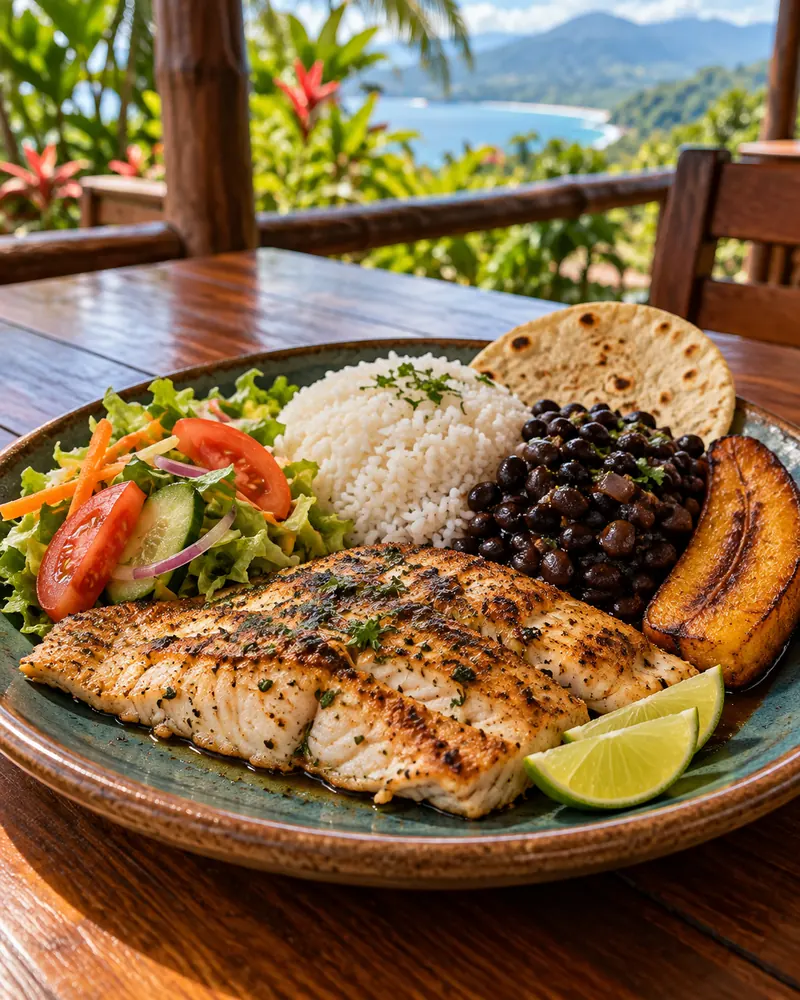 Casado costarricense con pescado, arroz, frijoles, ensalada y plátano maduro