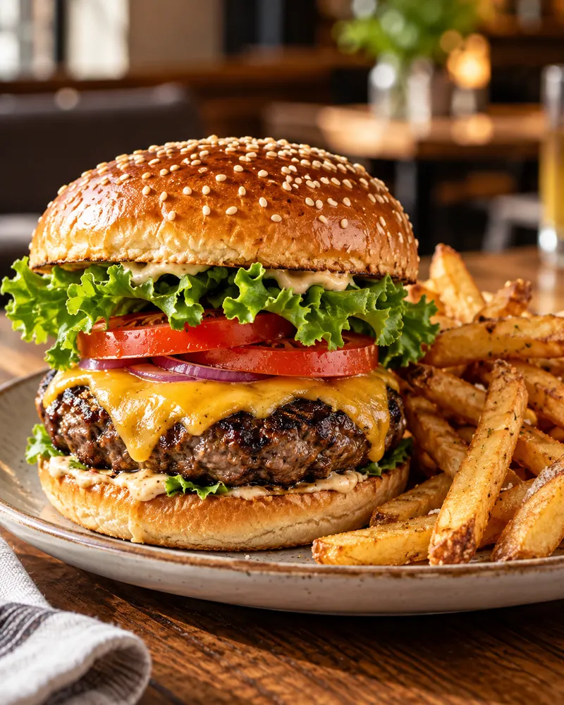 Hamburguesa con queso, vegetales y papas fritas