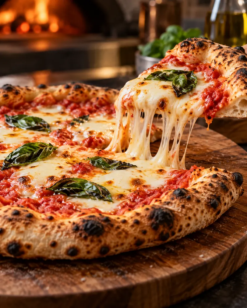 Pizza napolitana recién horneada con albahaca