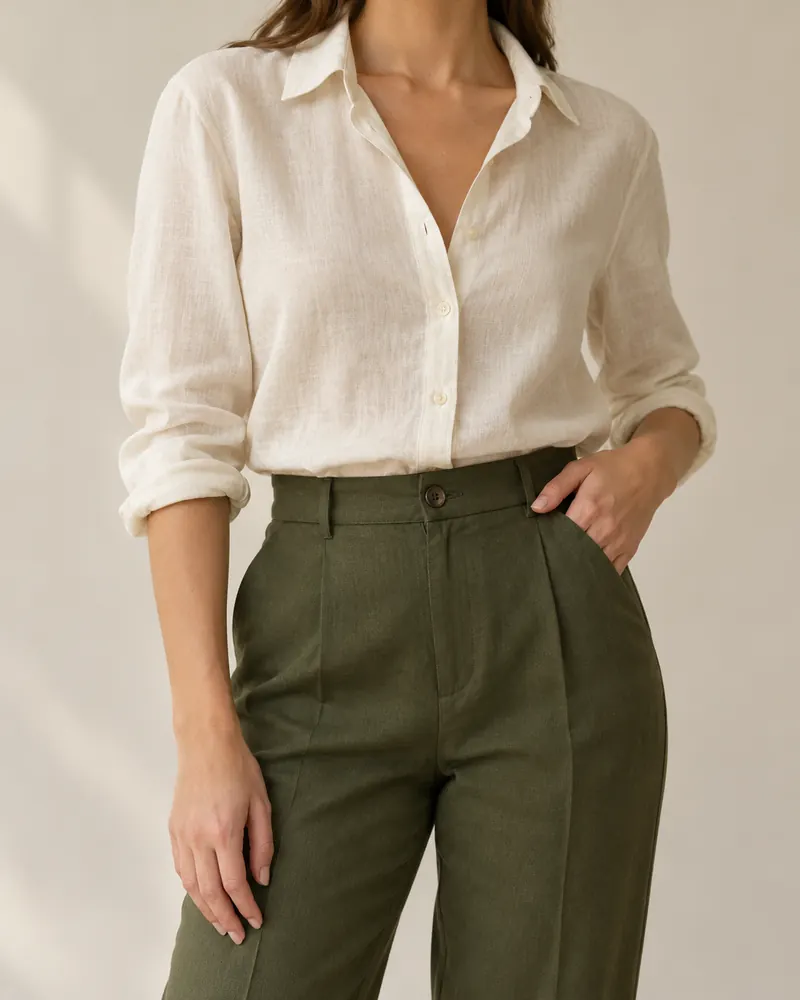 Blusa de lino color crema y pantalón verde oliva en una modelo encuadrada del cuello hacia abajo