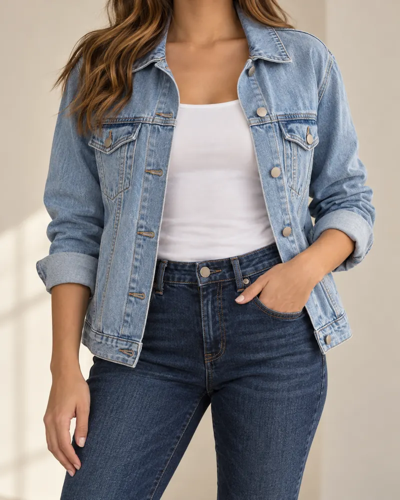 Chaqueta de mezclilla y camiseta blanca en una modelo encuadrada del cuello hacia abajo