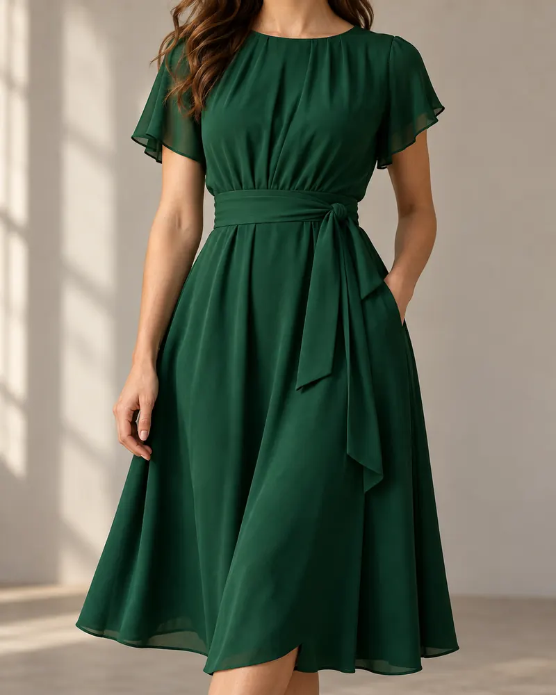 Vestido verde esmeralda en una modelo encuadrada del cuello hacia abajo