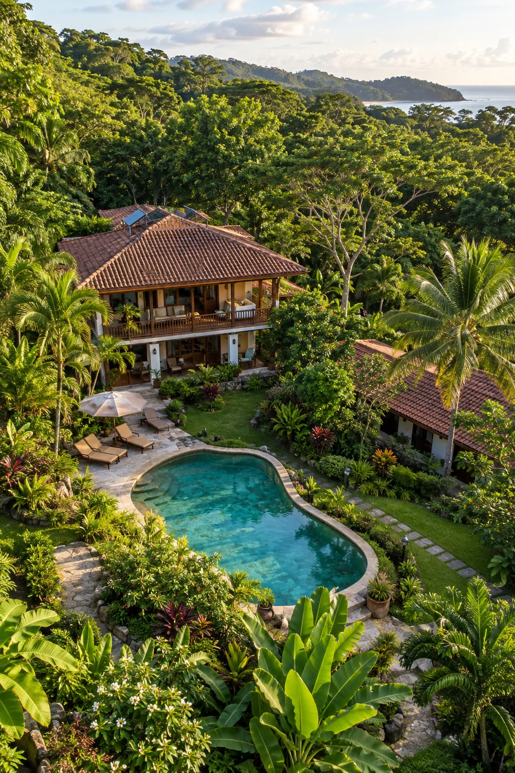 Vista aérea de una propiedad rodeada de vegetación tropical