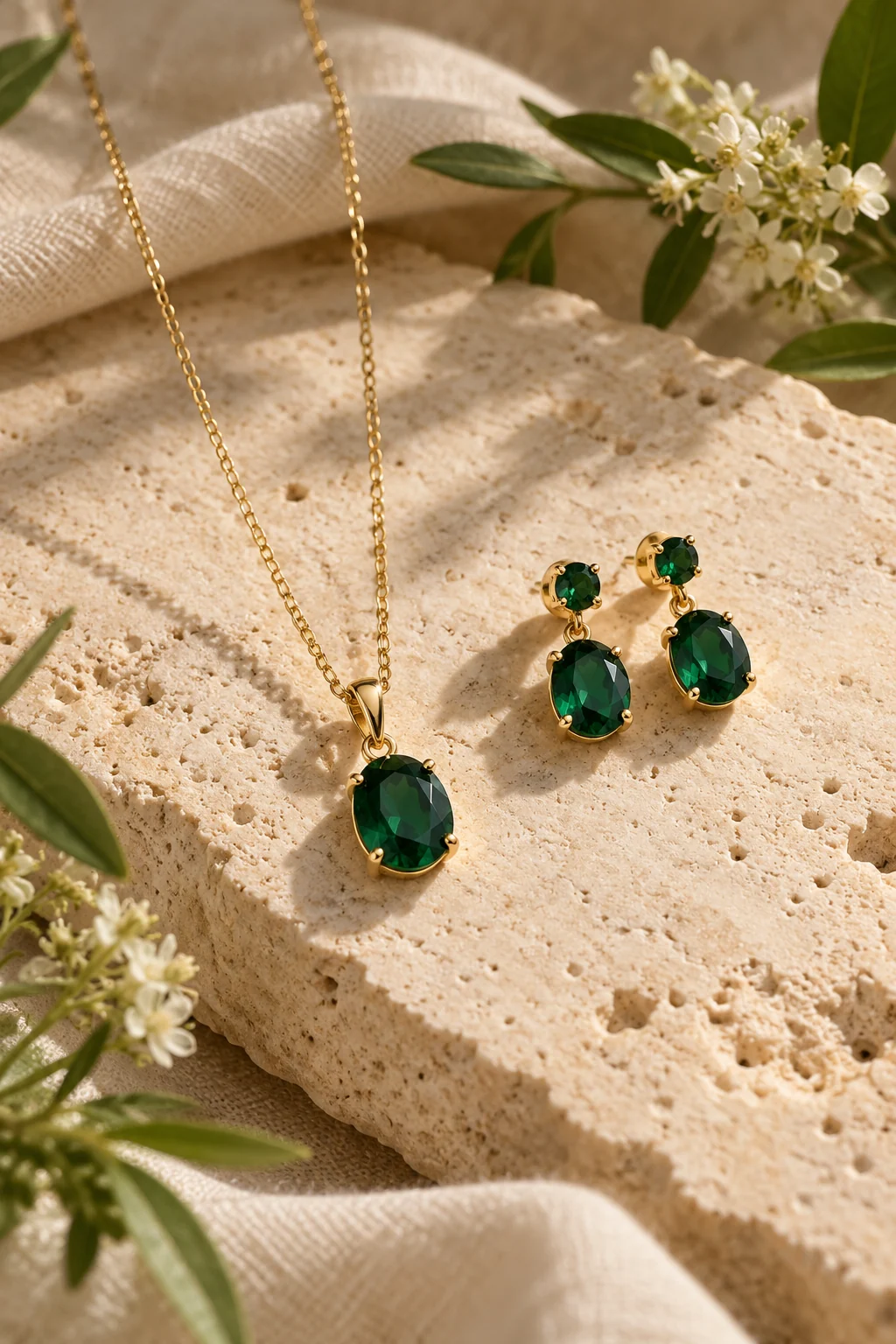 Collar y aretes de piedra verde sobre una superficie clara