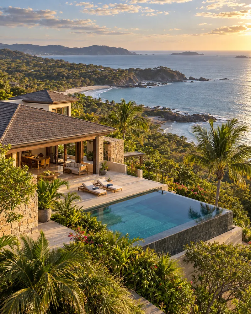 Villa entre vegetación tropical con vista al océano Pacífico en Costa Rica