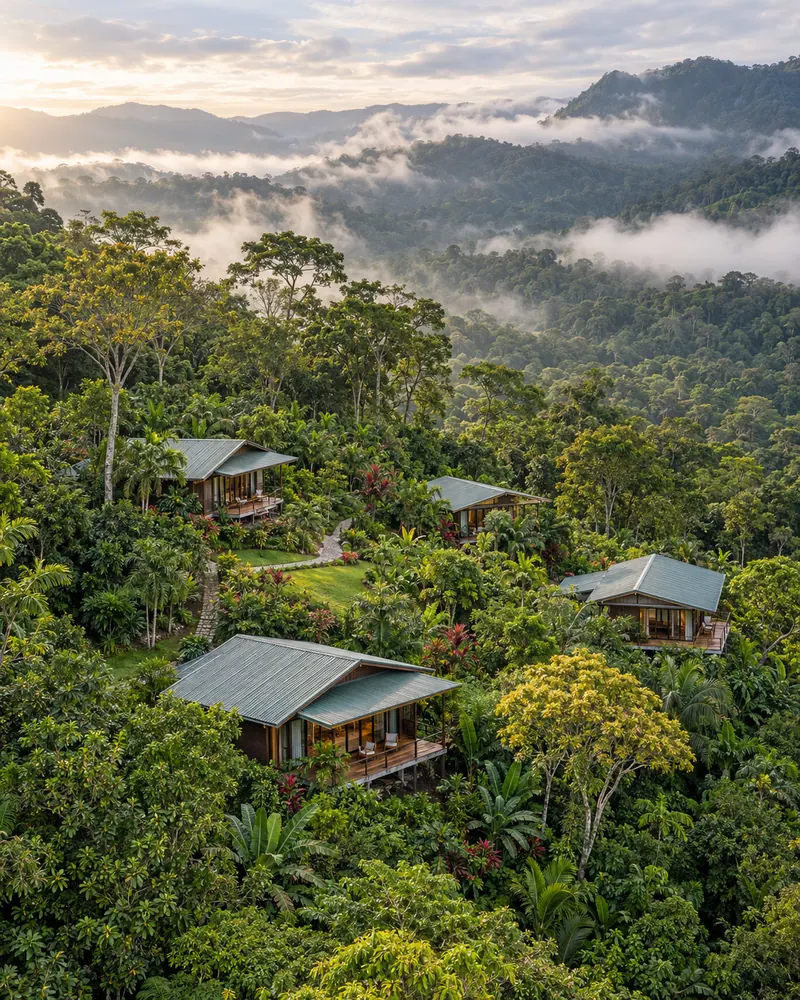 Alojamiento rodeado de bosque nuboso en una zona montañosa de Costa Rica