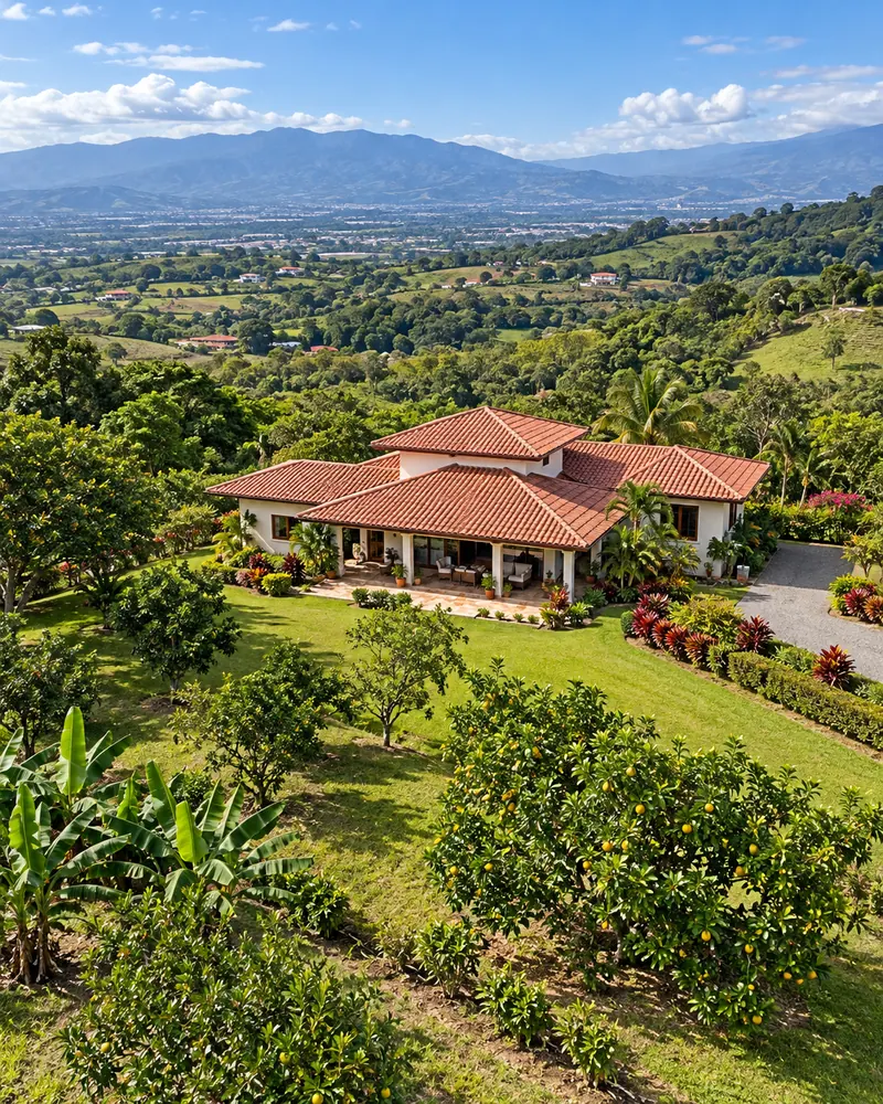 Casa de campo entre jardines y fincas del Valle Central de Costa Rica