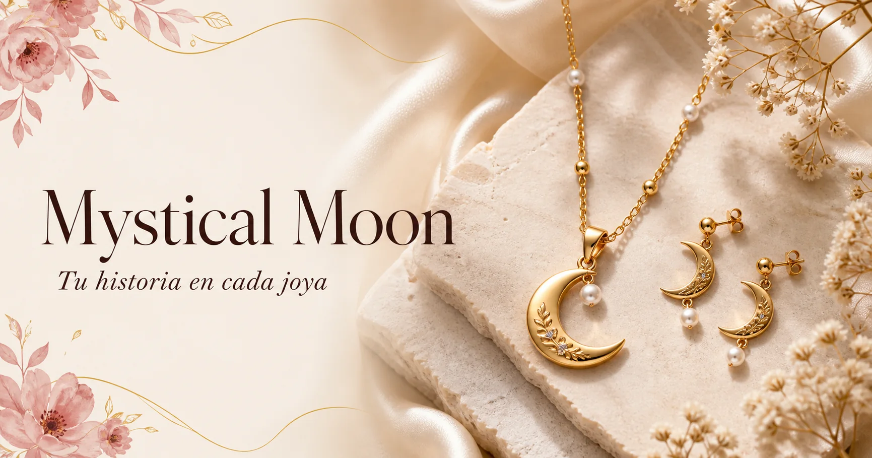 Imagen oficial de Mystical Moon con sus joyas y el lema Tu historia en cada joya